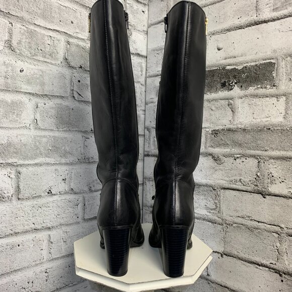 Vintage Black Leather Exposed Gold Zipper Block Heel Knee High Tall Boots - Picture 6 of 10